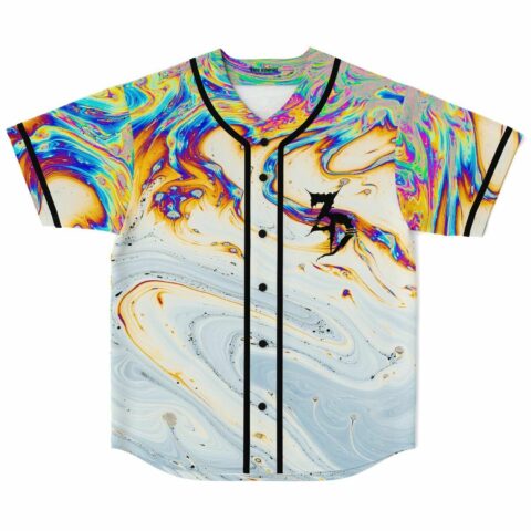 Front view of oil slick baseball jersey with iridescent swirl print and black button placket