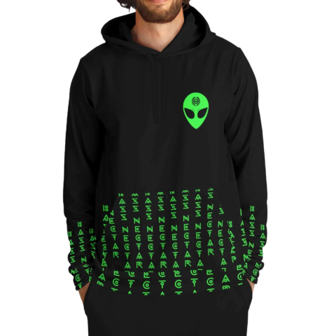 Black rave hoodie with small green alien face icon and glyph pattern on front pocket