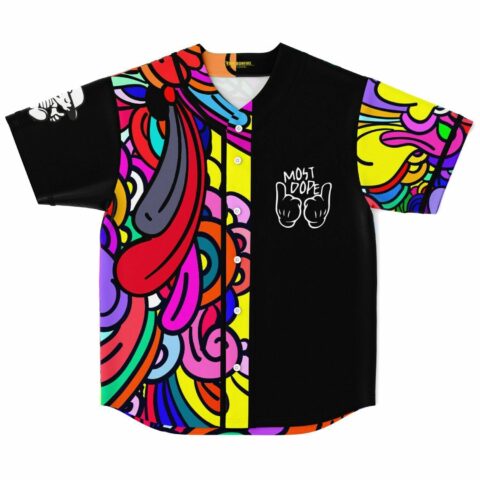 Black abstract psychedelic rave baseball jersey with Most Dope hand-sign graphic on chest