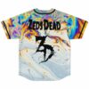 Back view of jersey showing bass-inspired lettering graphic over rainbow marbled oil slick pattern