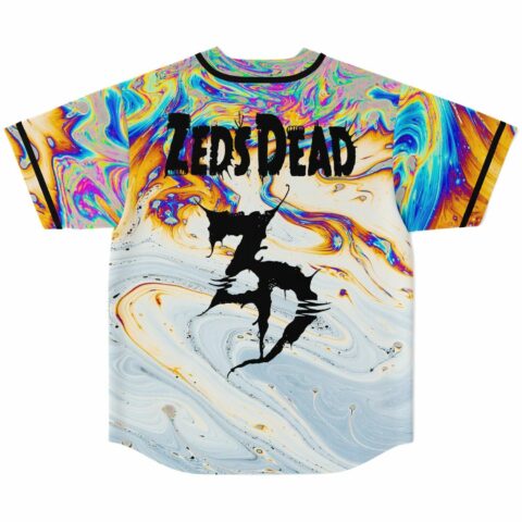 Back view of jersey showing bass-inspired lettering graphic over rainbow marbled oil slick pattern