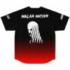 Masked silhouette graphic on black to red ombre jersey with Malaa Nation text, back view