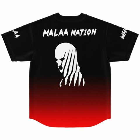 Masked silhouette graphic on black to red ombre jersey with Malaa Nation text, back view