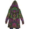 Hooded rave cloak back view with neon magenta and green psychedelic swirl pattern