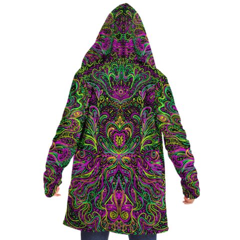Hooded rave cloak back view with neon magenta and green psychedelic swirl pattern