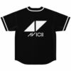 Black baseball jersey back view with large white split-triangle logo and bold text