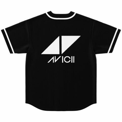 Black baseball jersey back view with large white split-triangle logo and bold text