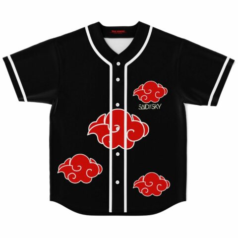 Black anime-inspired baseball jersey with red cloud print and Said The Sky text, front view