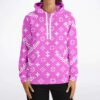 Pink monogram rave hoodie with diagonal Riddim text front view