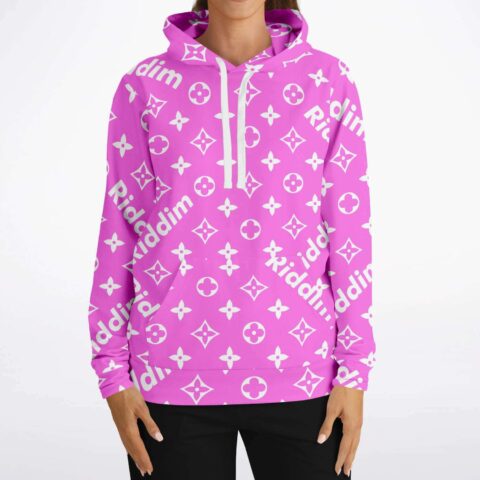 Pink monogram rave hoodie with diagonal Riddim text front view