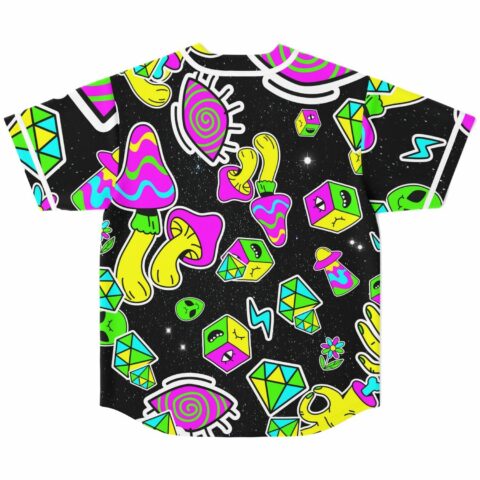 Back view of psychedelic sticker jersey showing melty cubes, diamonds and cartoon aliens on galaxy