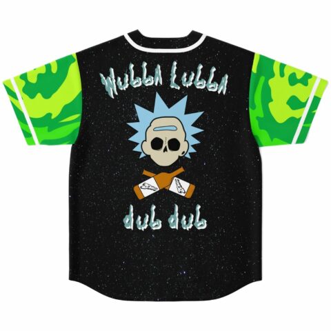 Back view of jersey reading Wubba Lubba dub dub with crossed bottle graphic