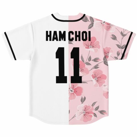 Soft pink split rave jersey back, HAM CHOI 11 text, cherry blossom floral panel