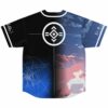 Anime-inspired cloud scene and silhouette figure on split black and blue jersey, back view