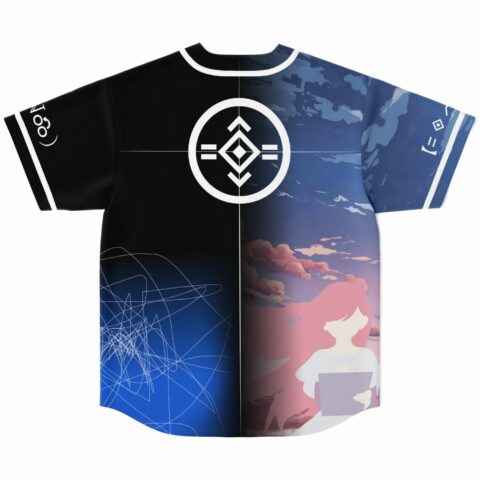 Anime-inspired cloud scene and silhouette figure on split black and blue jersey, back view