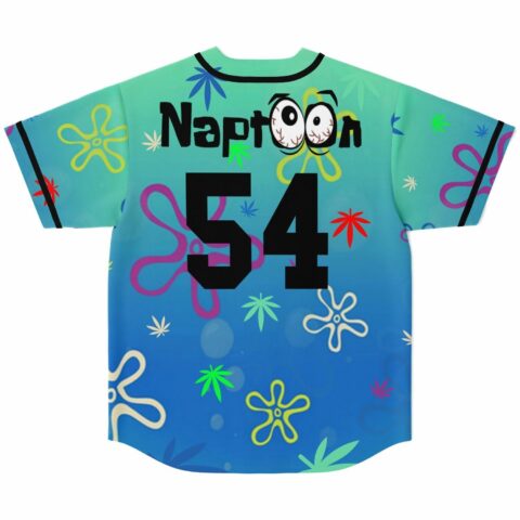 Naptoon 54 baseball jersey back view showing cartoon eyes logo and flower pattern