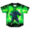 Green lightning anime-inspired baseball jersey with spiky-haired warrior front view