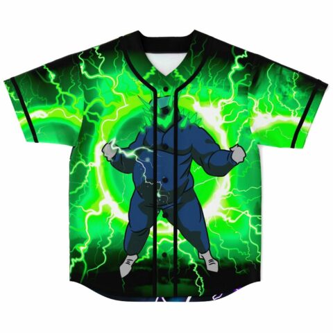 Green lightning anime-inspired baseball jersey with spiky-haired warrior front view