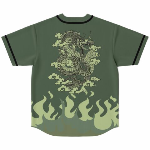 Back view of jersey showing anime-inspired dragon amid swirling clouds above flame print