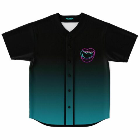 Black teal rave baseball jersey with neon lip and tongue outline on chest, front view