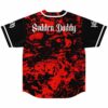 Back view of black blood red liquid marble baseball jersey with Sudden Daddy text
