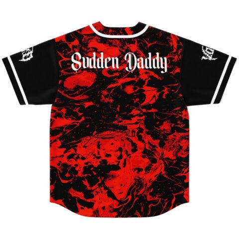 Back view of black blood red liquid marble baseball jersey with Sudden Daddy text