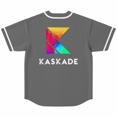 Back view of charcoal jersey featuring large multicolor geometric K design above Kaskade lettering