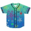 Teal blue rave baseball jersey with cartoon flower print and leaf accents front view