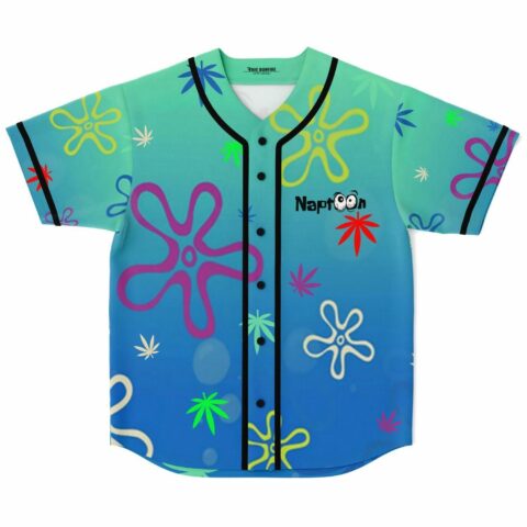 Teal blue rave baseball jersey with cartoon flower print and leaf accents front view