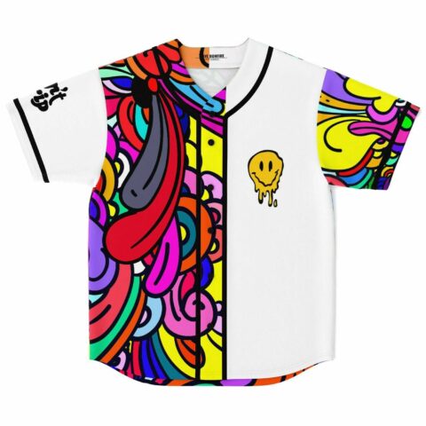 White rave baseball jersey with abstract psychedelic swirl panels and dripping smiley patch on chest