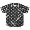 Black and white monogram baseball jersey with repeating Riddim text, front view