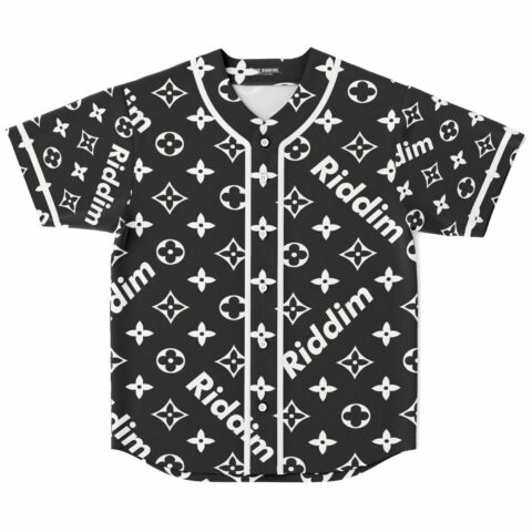 Black and white monogram baseball jersey with repeating Riddim text, front view