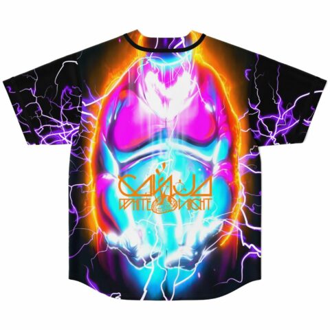 Neon lightning cupped hands design back view with orange SAYU White Night text