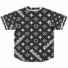 Back view of black monogram jersey showing diagonal Riddim text and floral crest pattern