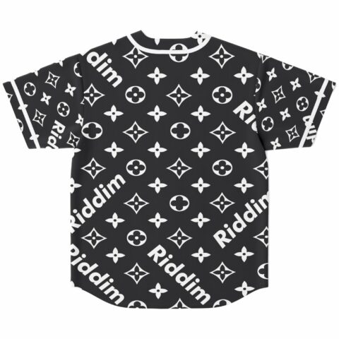 Back view of black monogram jersey showing diagonal Riddim text and floral crest pattern