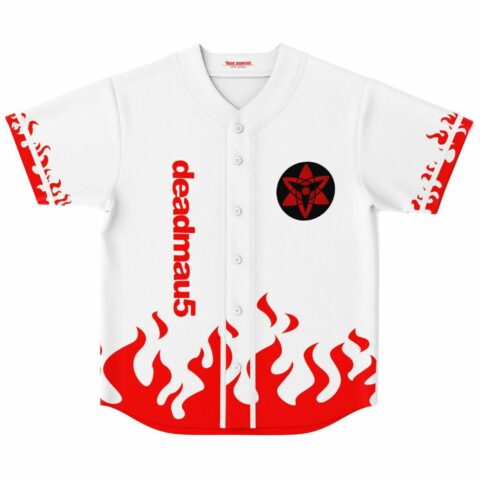 White festival baseball jersey front with red flame print at hem and flame sleeve cuffs