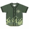 Olive green rave baseball jersey with light green flame print rising up the front