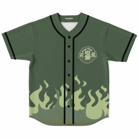 Olive green rave baseball jersey with light green flame print rising up the front