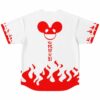 Back view of white jersey showing red mouse-ear face graphic and Japanese text over flames