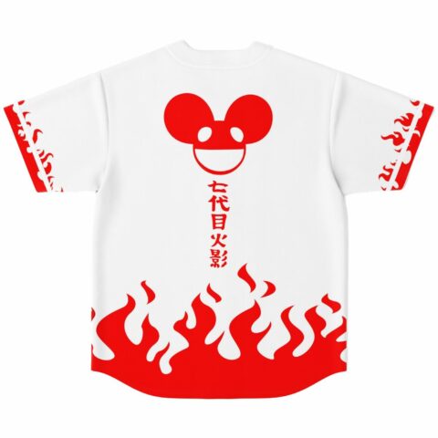 Back view of white jersey showing red mouse-ear face graphic and Japanese text over flames