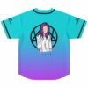 Teal purple gradient jersey back print of faceless girl with purple hair and pentagram