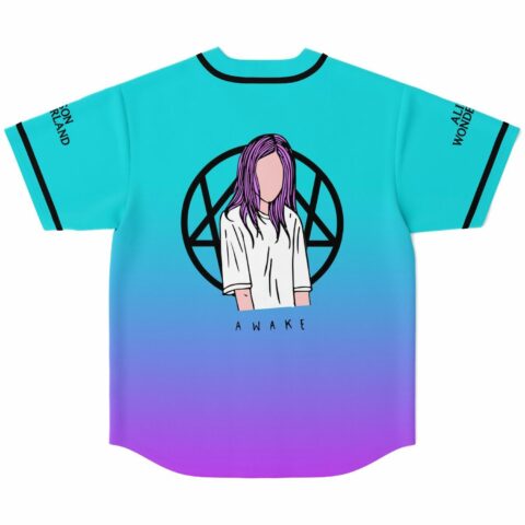 Teal purple gradient jersey back print of faceless girl with purple hair and pentagram