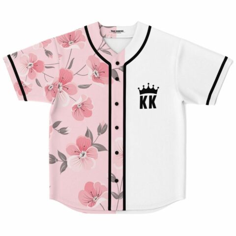 Cherry blossom split baseball jersey, pink floral half, white KK crown logo half, front view