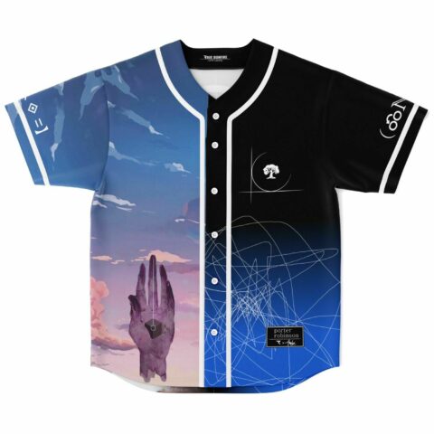 Split panel rave baseball jersey with anime-inspired sky and reaching hand graphic, front view