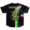 Black jersey back view, Bandicoot text, Lost Woods tiki graphic beside neon liquid swirl panel