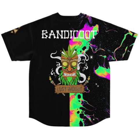 Black jersey back view, Bandicoot text, Lost Woods tiki graphic beside neon liquid swirl panel