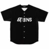 Black rave baseball jersey with bold white ATLiENS wordmark front view