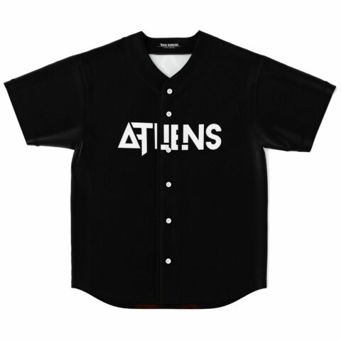 Black rave baseball jersey with bold white ATLiENS wordmark front view