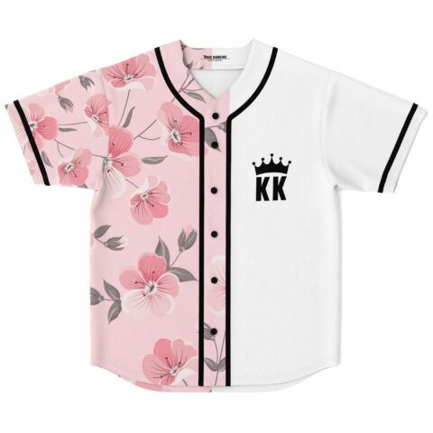Cherry blossom split baseball jersey, pink floral half and white KK crown logo half, front