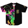 Black psychedelic rave baseball jersey with neon liquid swirl half and tiki leaf mascot patch
